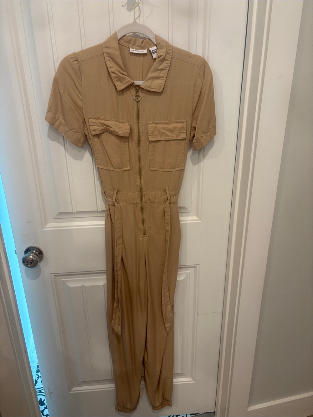 Sincerely Jules Short-Sleeve Utility Jumpsuit in Camel